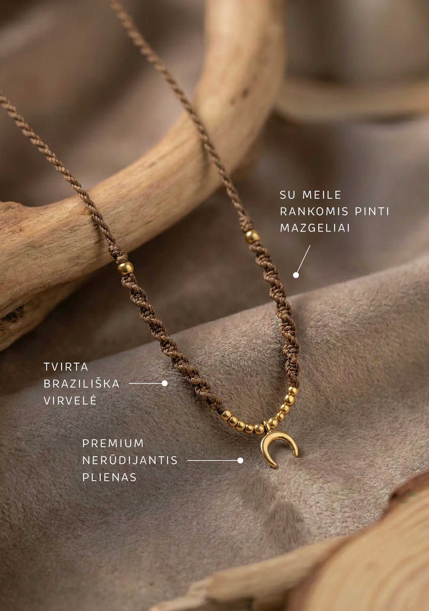 Stilingas rudas auksinis Kaklo papuosalas su menuliu vasarai moterims. Ranku darbo boho macrame menulio pakabukas.