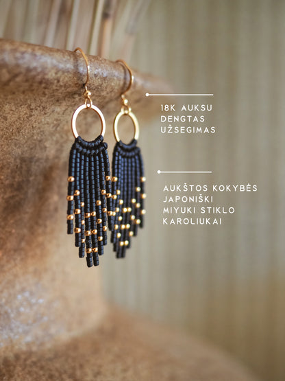 Rankų darbo bohemiški miyuki biserio auskarai. Juodi ilgi auskarai. Isskirtiniai, unikalus, vakareliams.